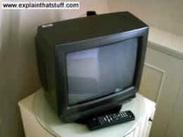 A small cathode-ray pipe (CRT) television set in a hotel area.